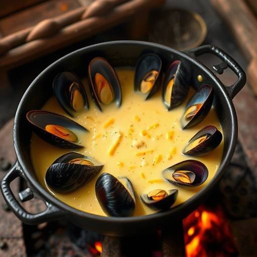 A bowl of creamy mussel potjie, a traditional South African stew cooked in a cast-iron pot over an open fire, steam rising to show its warmth.