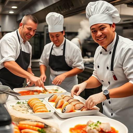 A group of chefs in a kitchen setting, smiling and preparing seafood dishes, representing The Salty Siren's culinary team.