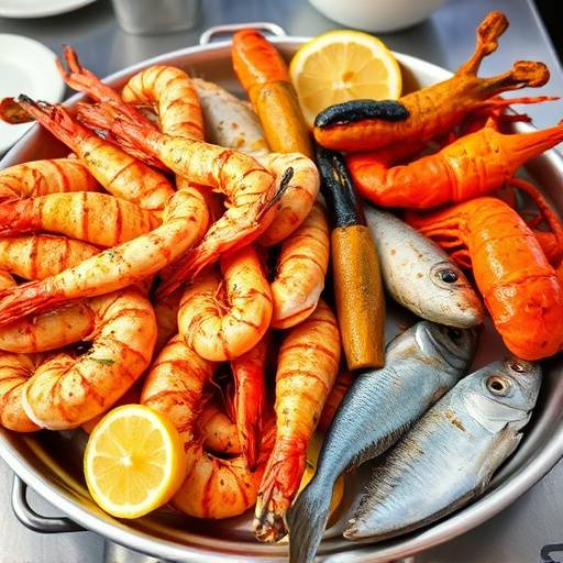 A seafood platter featuring grilled calamari, prawns, crayfish, and line fish, served with lemon wedges and peri-peri sauce, a feast for the eyes and palate.