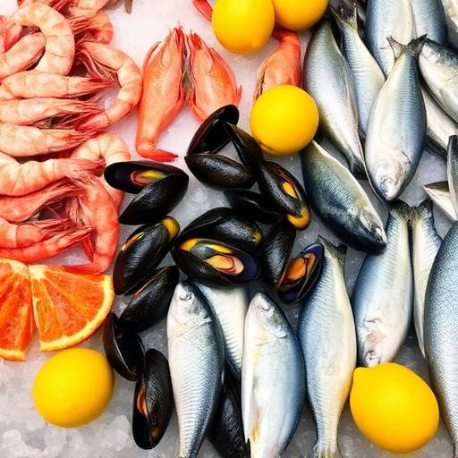 A vibrant display of fresh seafood, including prawns, mussels, and line fish, arranged on a bed of ice with lemons and herbs. Represents the freshness of coastal ingredients.
