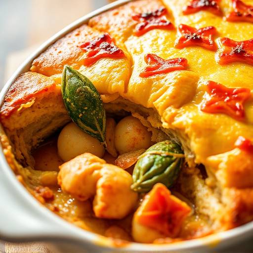 Bobotie with a Seafood Twist, a casserole dish featuring a golden-brown topping over a flavorful seafood mixture, garnished with bay leaves.