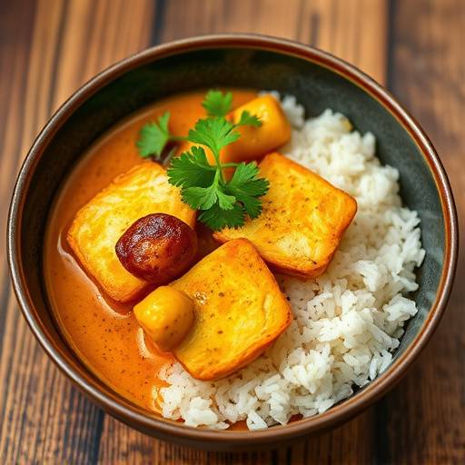 Cape Malay Fish Curry, featuring a vibrant yellow curry with chunks of fish, potatoes, and vegetables, served in a bowl with rice and coriander.