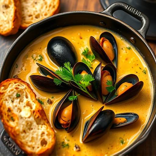 Creamy Mussel Potjie, showing a cast-iron pot filled with creamy, succulent mussels, garnished with parsley and served with crusty bread.