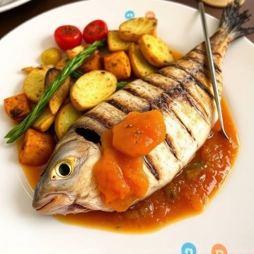 Grilled snoek fish served with apricot jam and roasted vegetables, illustrating a classic South African braai (barbecue) meal.