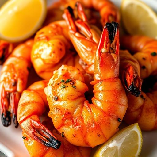 Peri-Peri Prawns, displaying a plate of bright red prawns, grilled and glistening with peri-peri sauce, garnished with lemon wedges.