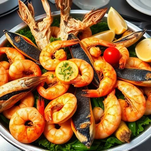 Seafood Braai with Garlic Butter, featuring a variety of grilled seafood including calamari, prawns, and fish, brushed with garlic butter and served on a platter.